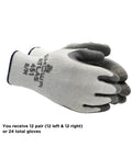 Stack of insulated latex coated work gloves with rough grip for winter construction and outdoor tasks, gray, medium, 12 pack.