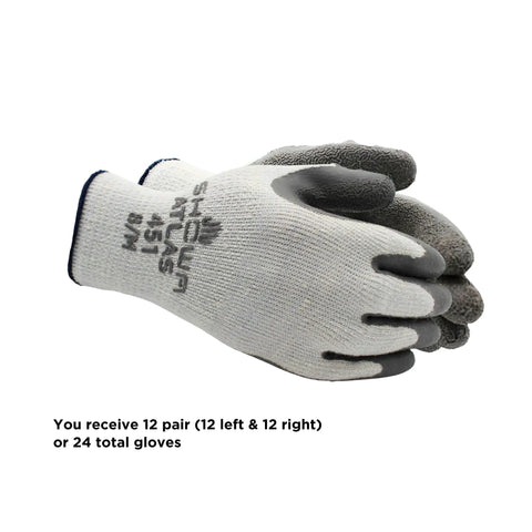 Stack of insulated latex coated work gloves with rough grip for winter construction and outdoor tasks, gray, medium, 12 pack.