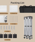 Packing list for 10x20 Pop Up Canopy Tent With 6 Removable Sidewalls, One Push Setup Party Gazebo For Outdoor Weddings, Parties And Events, Waterproof UV Protected, 3-Height Adjustable Easy Setup, Carry Bag Included showing components and accessories.