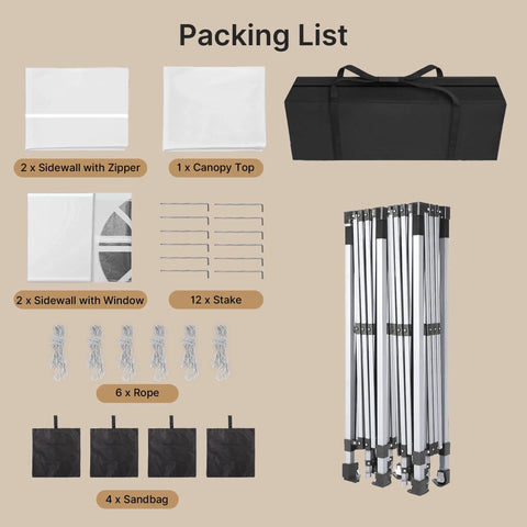 Packing list for 10x20 Pop Up Canopy Tent With 6 Removable Sidewalls, One Push Setup Party Gazebo For Outdoor Weddings, Parties And Events, Waterproof UV Protected, 3-Height Adjustable Easy Setup, Carry Bag Included showing components and accessories.
