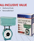 Mechanical Kitchen Scale With Removable Bowl For Precise Measurements In Pounds, Ounces, Grams And Milliliters next to its packaging