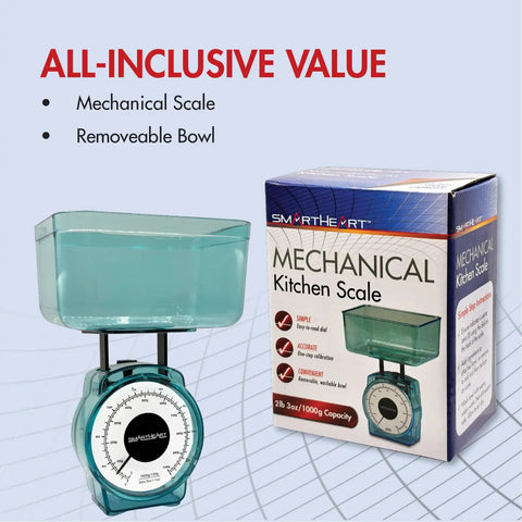 Mechanical Kitchen Scale With Removable Bowl For Precise Measurements In Pounds, Ounces, Grams And Milliliters next to its packaging