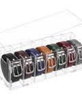 Top Shelf Slick Acrylic Belt Organizer With Removable Dust Cover Seven Compartment Clear Drawer Storage For Ties Belts Bow Tie Purse Socks Straight Up Closet Solution with belts