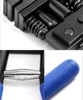 Close-up of 5mm Hand Joggle Panel Flanging Tool With Hole Punch for sheet metal repair, showing blue handle grip and cast iron parts.
