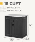 Weatherproof Outdoor Storage Cabinet With Locking Door For Patio Tools And Lawn Gear Waterproof Plastic Shed With 15 Cu Ft Capacity shown with dimensions 31.5Hx23.2Wx34D
