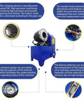 Heavy Duty Electric Hydraulic Hose Crimper Benchtop Workhorse With Ten Precision Dies Auto And Manual Modes For Rubber Lines 220V Three Phase features detailed machine parts and gauges.
