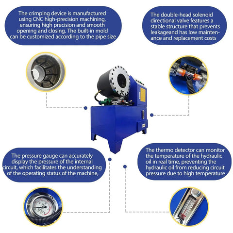 Heavy Duty Electric Hydraulic Hose Crimper Benchtop Workhorse With Ten Precision Dies Auto And Manual Modes For Rubber Lines 220V Three Phase features detailed machine parts and gauges.