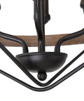 Farmhouse Rustic Black Chandelier With 4 Lights, close-up of modern octagonal design, faux wood finish and metal frame.
