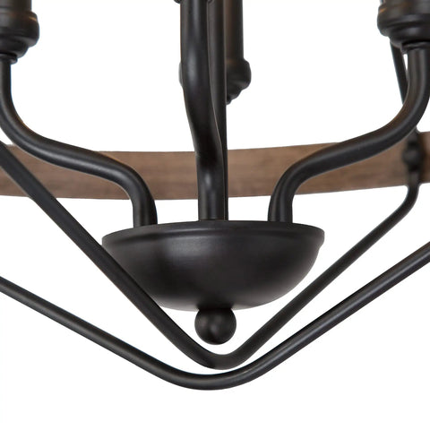 Farmhouse Rustic Black Chandelier With 4 Lights, close-up of modern octagonal design, faux wood finish and metal frame.