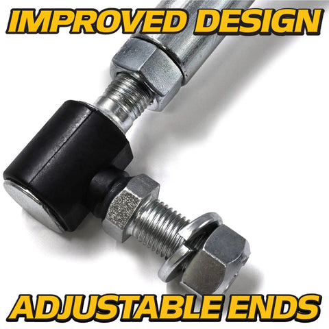 Adjustable Steering Drag Link Set LH RH For Lawn Tractors And Mowers, Improves Wheel Alignment And Prevents Toe In Or Toe Out, 360 Degree Crimp, 4130 Steel With Zinc Coating, 50 Percent Stronger, Includes Sector Gear Dust Caps, Fits Husqvarna Craftsman. close-up adjustable ends