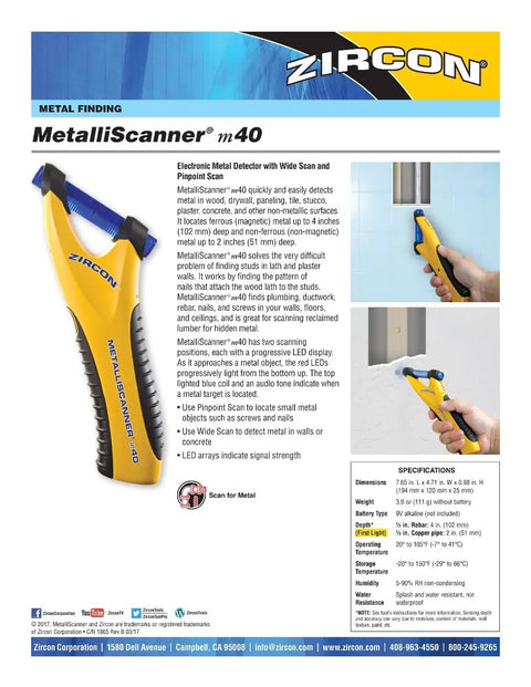 MetalliScanner M40 Handheld Electronic Metal Detector for drywall, concrete, lathe, plaster, stucco; detects hidden metals