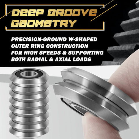 16 Pack RM2 2RS 3/8 Inch V Groove Roller Bearings Heavy Duty Shielded Precision Ball Bearings Linear Motion Smooth as Butter Zero Friction 6500 RPM Fully Lubricated, showing deep groove geometry and precision-ground outer ring.