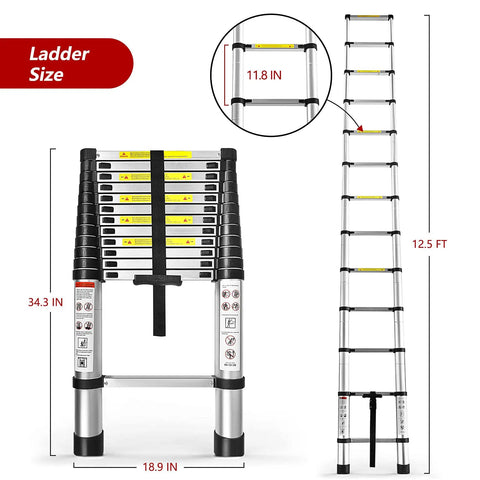 Telescoping Aluminum Ladder 12 Rungs, Heavy Duty Extension Ladder With 330 Lb Load Capacity, dimensions shown in inches and feet