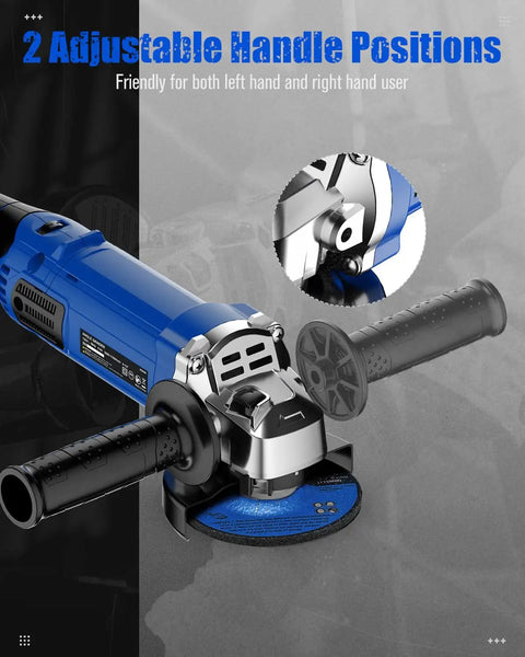 Beefy Four And A Half Inch Angle Grinder With 1000W Motor And 7 Variable Speeds Reaching Up To 11,500 RPM Paddle Switch Ergonomic Blue Body