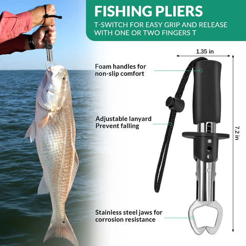 All In One Fishing Waist Pack Kit With Tackle Box And Lure Kit, lip gripper detail with fish, foam handle 7.2-inch tool