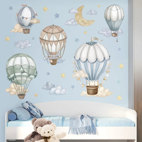 Watercolor Hot Air Balloon Wall Stickers Peel And Stick Set For Baby Nursery Kid Friendly Bedroom Decor With Star Moon Cloud Balloons Self Adhesive PVC Matte Decals Waterproof And Non Toxic Easy Application