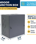 Rock Solid Carbon Steel Junction Box 6 X 6 X 4 Inches With Screw Cover Wall Mount Electrical Enclosure with dimensions displayed.