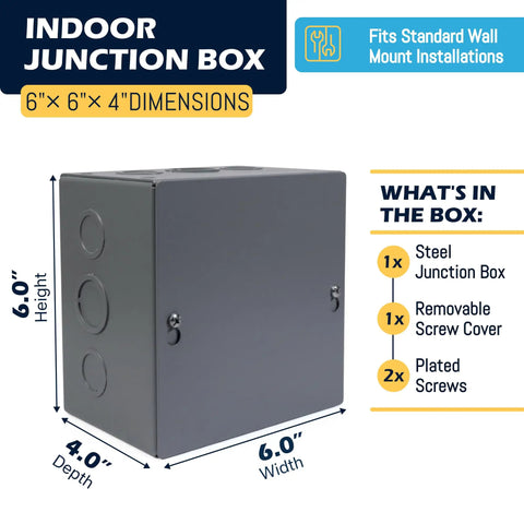 Rock Solid Carbon Steel Junction Box 6 X 6 X 4 Inches With Screw Cover Wall Mount Electrical Enclosure with dimensions displayed.