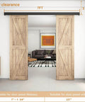 7 Foot Double Sliding Barn Door Hardware Kit With Low Clearance Aluminum Box Rail, Quiet Glide Silent Track For Wooden Double Barn Doors, No Fuss Install, Black Finish, Durable Rust Resistant shown installed in a living room setting.