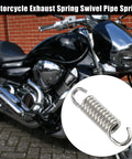 Close-up of stainless steel motorcycle exhaust pipe spring (43 mm, 2-pack) with hooks.
