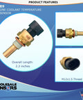 Straight Bolt On Engine Coolant Temperature Sensor Replaces TX89 And SU109 with brass housing, 2.2 inches long, features M12x1.5 thread.