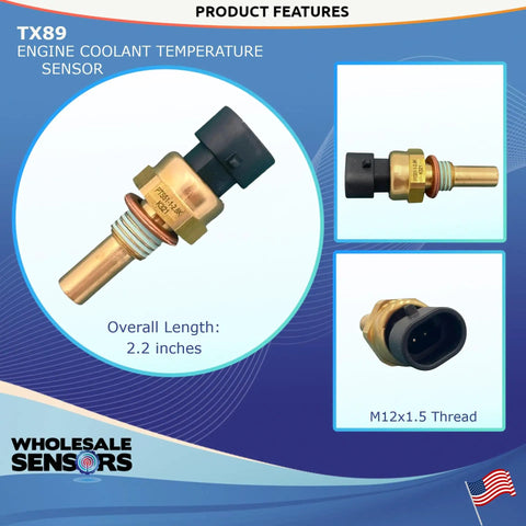 Straight Bolt On Engine Coolant Temperature Sensor Replaces TX89 And SU109 with brass housing, 2.2 inches long, features M12x1.5 thread.