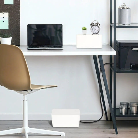 Mini Cable Management Box For Home Theater Office Or Dorm Hide Those Cables Fast With A Simple Wrap Wire Concealer Cord Cover And Organizer Keeps Your Space Clean Safe And Playable In White under desk
