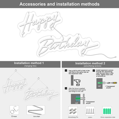 Installation guide for Happy Birthday Neon Light Sign White LED 25.6x16 Inches with Dimmable Switch and accessories