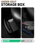 Dead On Fit Under Seat Storage For Tesla Model Y Black 2 Pack with umbrella and water bottles in organizer.