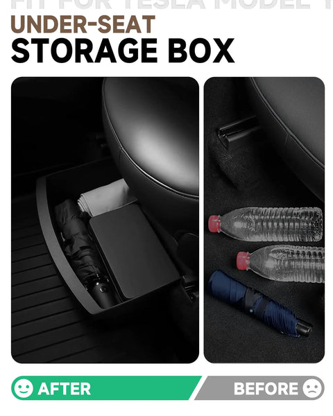 Dead On Fit Under Seat Storage For Tesla Model Y Black 2 Pack with umbrella and water bottles in organizer.