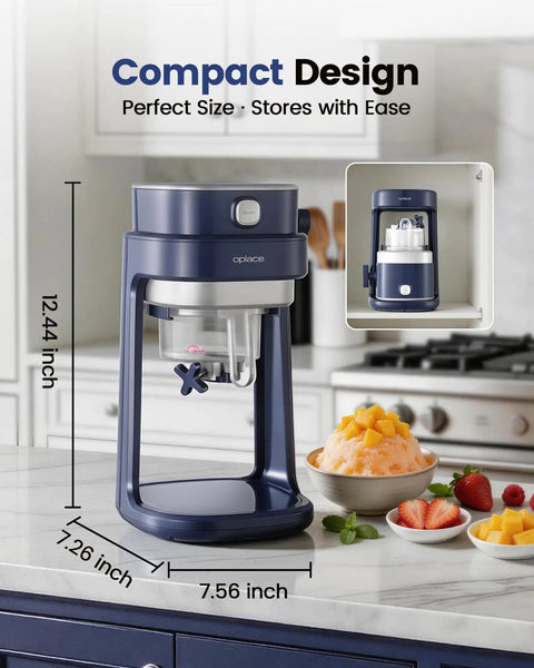 Oplace Home Shaved Ice Machine Electric Snow Cone Maker With Auto Press Button and Blade Adjustment For Slushies Bingsu Quick Ice Crushing One-Press Operation Blue Compact Design displayed on a kitchen counter.