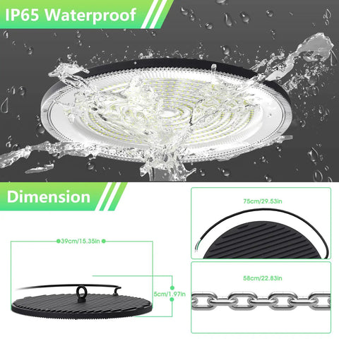 UFO High Bay LED Light 500W 50000LM Daylight 6000K 6500K IP65 Waterproof construction showcasing dimensions and material.