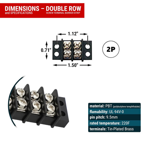 SpeedWare 2 Circuit Double Screw Terminal Junction Block 300V 20A Barrier Strip 2 Pack, dimensions and close-up