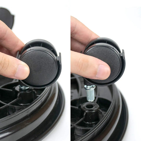 Detail of secure brake lock installation for Three Piece Plant Dolly Set Heavy Duty Resin Base Smooth Rolling Universal Wheels.