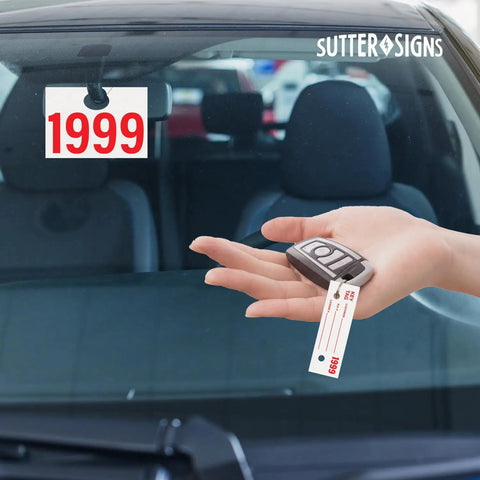 Automotive Service Tag Numbers 1000 Count Red Green Service Dispatch Double Sided 3 Part Hang Tags displayed on car mirror.