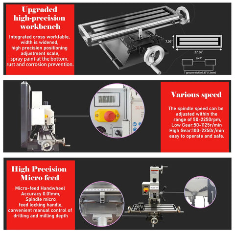 Tough As Nails 1300W Brushless Benchtop Milling Machine With R8 Spindle 1.1 Inch Drill Capacity Variable Speed with upgraded high-precision workbench.