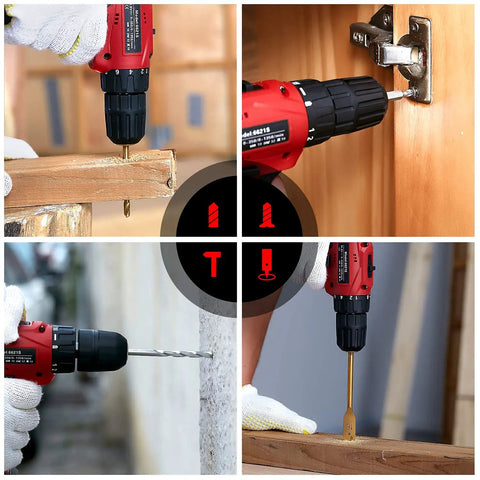 Cordless Drill And 108 Piece DIY Tool Kit With 16.8V Lithium Driver in action on wood, metal, concrete, and screwing tasks