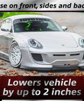 Front Splitter Pro Universal 2 Inch Lip Spoiler installed on sleek sports car, enhancing look and protection.