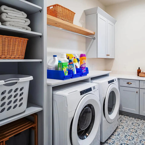 Rugged Heavy Duty Plastic Shelf Bins For Garage And Home Organization visible in laundry room with cleaning supplies