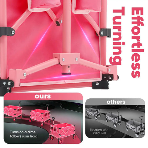 Close-up of pink collapsible wagon with heavy duty frame showing turning capability, part of 330 lb capacity all terrain utility cart.