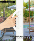 Rock Solid Sliding Glass Door Handle Replacement Set Featuring Reversible Mortise Design, indoor view with thumb latch lever in white.