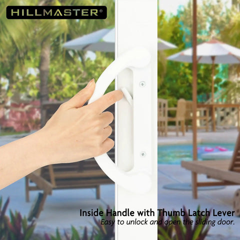 Rock Solid Sliding Glass Door Handle Replacement Set Featuring Reversible Mortise Design, indoor view with thumb latch lever in white.