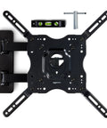 Built Tough Full Motion TV Wall Mount With Effortless Swivel And Tilt Angles For Twenty Six To Fifty Five Inch Screens Handling Up To Eighty Pounds Seamless VESA Compatible Single Stud Install In Sleek Black, displaying mounting bracket with tools.