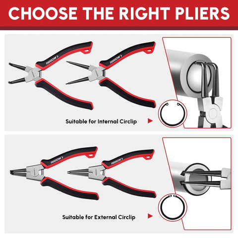 Heavy Duty Snap Ring Pliers Set 4 Piece 7 Inch Circlip Pliers Kit With Internal And External Pliers Straight And Bent Jaws For Auto Repair And DIY CR V Steel Spring Loaded With Storage Pouch.