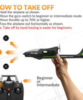Stunt Ready To Fly 4 Channel RC Plane Ranger600 Glider with 2.4Ghz Control in hand showing takeoff instructions, beginner-friendly.