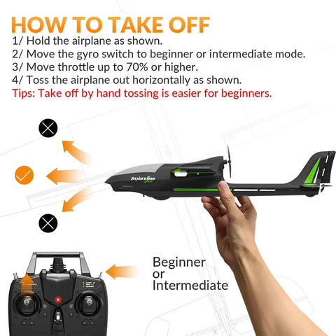 Stunt Ready To Fly 4 Channel RC Plane Ranger600 Glider with 2.4Ghz Control in hand showing takeoff instructions, beginner-friendly.