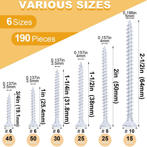 Wood Screws Assortment Kit With Organizer Box For Wood And Drywall, 190 Pcs PosiDriv Flat Head Sheetrock Screws, 6 Sizes Chart