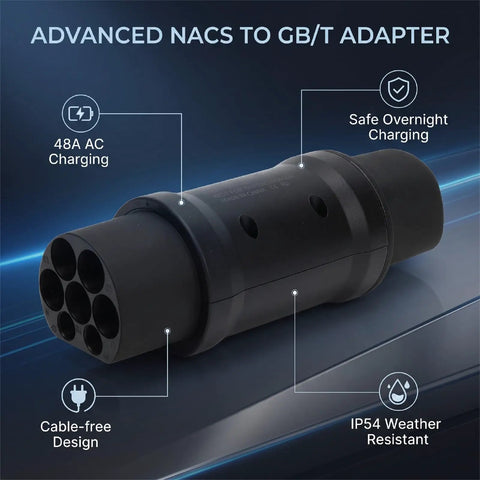 Heavy Duty Plug And Play Nacs To Gbt Ev Charging Adapter 48a Ac Slow Charge weather tough, black design with multiple charging ports.