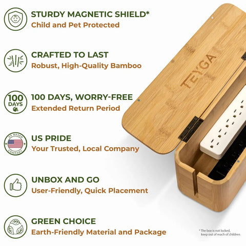 Bamboo Cable Management Box For Up To Two Power Strips, Hides Cords And Surge Protectors, Keeps Kids Safe, Neat TV And Desktop Cables