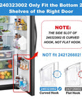 Upgraded 2 Pack Refrigerator Door Bin Shelves That Fit Frigidaire And Kenmore Bottom Two Shelves On The Fridge Side Replacement Parts PS429725 AP2115742, showing installation on fridge door with curved hook and comparison of bin designs.